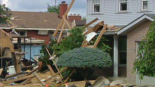 Debris is seen following an explosion in Brantford, Ont. on Thursday, Aug. 25, 2011.