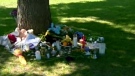 Candles and flowers are placed at a growing tribute for Valerie Leblanc, Friday, Aug. 26, 2011.