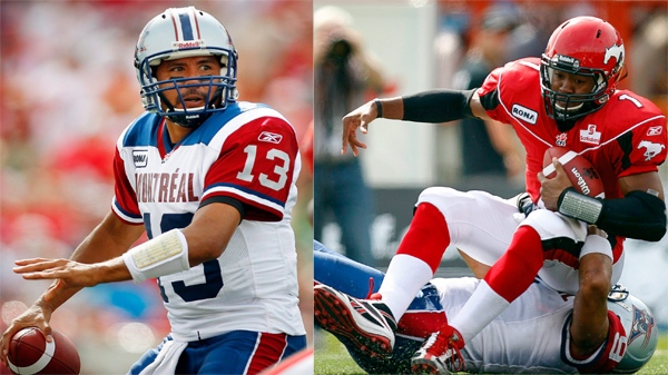 Anthony Calvillo (left) and Henry Burris, (right) thrilled fans with their passing precision in a shootout for the ages in Calgary (Saturday, Aug. 27, 2011. THE CANADIAN PRESS/Jeff McIntosh)