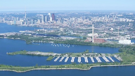 Toronto's industrial port lands are seen from an aerial view in this photograph. 