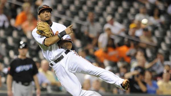 Baltimore Orioles third baseman Robert Andino throws to first to get out Toronto Blue Jays Edwin Encarnacion on a ground ball in the eighth inning of a baseball game on Tuesday, Aug. 30, 2011 in Baltimore. The Orioles won 6-5 in 10 innings.(THE ASSOCIATED PRESS / Gail Burton)
