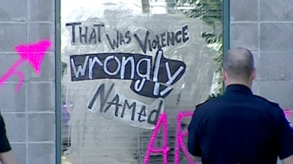 An Edmonton hair salon was vandalized with Graffiti that read 'This is art that is wrongly named violence.' 