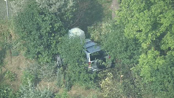 A vehicle is seen in the bushes after  a single-vehicle crash on  the QEW on Thursday, Sept. 1, 2011. 