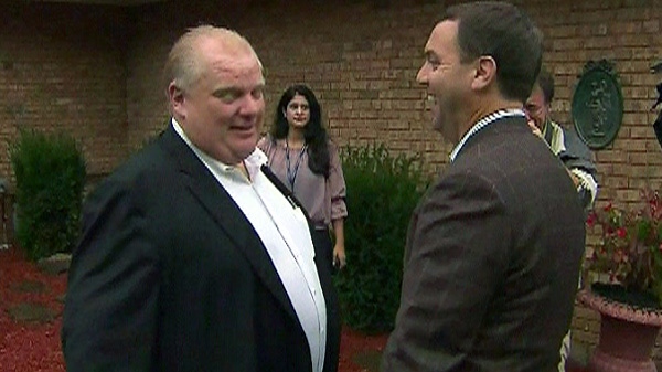 Weeks after a barbecue with Prime Minister Stephen Harper, Toronto Mayor Rob Ford hosted Ontario Progressive Conservative Leader Tim Hudak at his family home Friday night. 