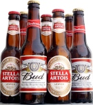 Bottles of beers, Bud and Stella Artois are seen on display in Leuven, Belgium, on Monday, July 14, 2008. (AP / Geert Vanden Wijngaert)