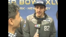 Luke Willson talks with CTV Windsor reporter Bob Bellacicco at media day in New Jersey Tuesday, Jan. 28, 2014.