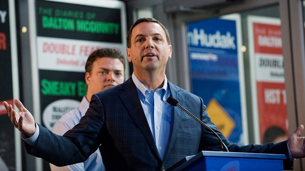 Ontario PC Leader Tim Hudak speaks about Dalton McGuinty's tax record at the Scotiabank Theater in Toronto on Thursday Sept. 1, 2011. (Aaron Vincent Elkaim / THE CANADIAN PRESS)