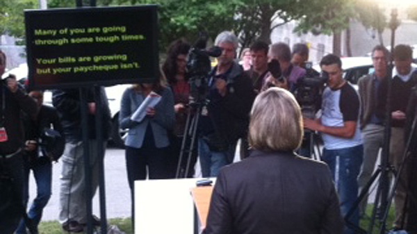 Andrea Horwath speaks to reporters using a teleprompter in Toronto on Wednesday Sept. 8, 2011. (CTV News/George Stamou)