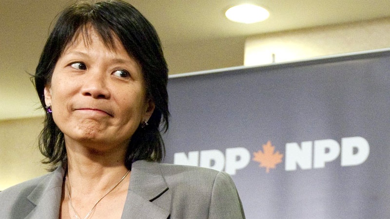 Olivia Chow, widow of former NDP leader Jack Layton, holds a news conference during a break in a meeting of the NDP federal council meeting in Ottawa Friday Sept. 9, 2011. (Fred Chartrand / THE CANADIAN PRESS)