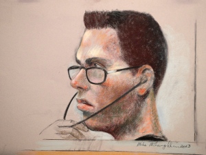 Luka Magnotta is shown in an artist's sketch in a Montreal court on March 13, 2013. (Mike McLaughlin / THE CANADIAN PRESS)