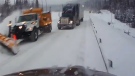 In this YouTube screengrab, a tractor-trailer and snow plow can be seen on Highway 11. OPP say charges are pending after a near head-on collision that was caught on a video posted on social media.
