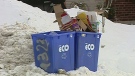 Recycling boxes sit on a snow bank in London, Ont. on Friday, Feb. 7, 2014.