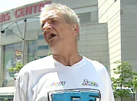Wayne McMahon, also known as 'Beer Guy,' performs one of his famous calls while appearing on CTV Newsnet on Thursday, July 17, 2008.