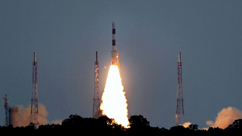 PSLV C-17 satellite takes off during its launch from the Satish Dhawan Space Centre in Srihakota, India on July 15, 2011. (AP Photo)