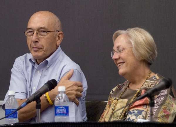 Nancy Cooper's parents Garry and Donna Rentz mix crying with laughter as they reminisce about Nancy during a press conference in Cary, N.C., Thursday, July 17, 2008. (AP /  Shawn Rocco / The News and Observer)