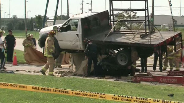 Two vehicles that were involved in a fatal crash that killed a 22-year-old man is seen, Monday, Sept. 12, 2011. 