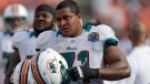 In this Dec. 16, 2012 file photo, Miami Dolphins tackle Jonathan Martin (71) watches from the sidelines during the second half of an NFL football game against the Jacksonville Jaguars, in Miami. (AP Photo/Wilfredo Lee, File)