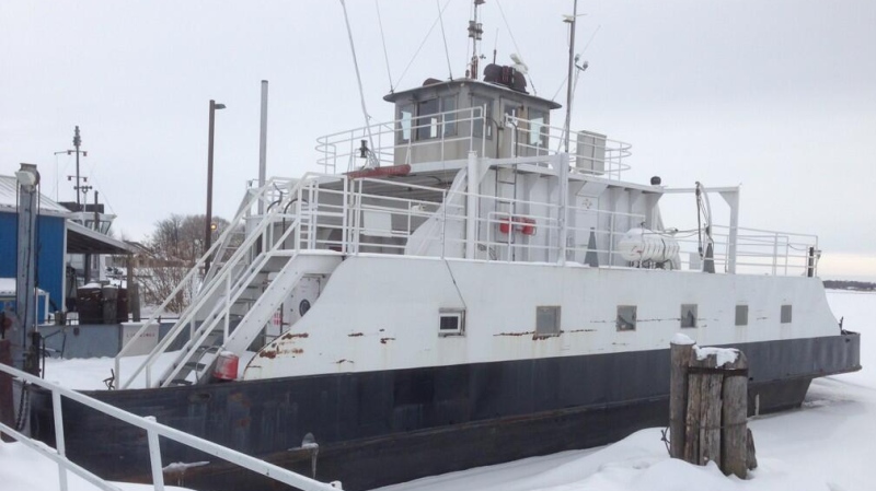 The Bluewater Ferry at Sombra sits stuck in the ice along the St. Clair River on Monday, Feb. 17, 2014. (Bryan Bicknell / CTV London)