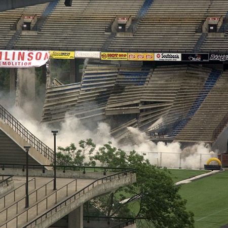 Explosives cause the lower south-side stands at Frank Clair Stadium to give way, Sunday, July 20, 2008.