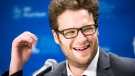 Actor Seth Rogen talks during a press conference promoting his new film "50/50" at the TIFF Lightbox during the Toronto International Film Festival in Toronto on Monday, Sept. 12, 2011. (Aaron Vincent Elkaim / THE CANADIAN PRESS)