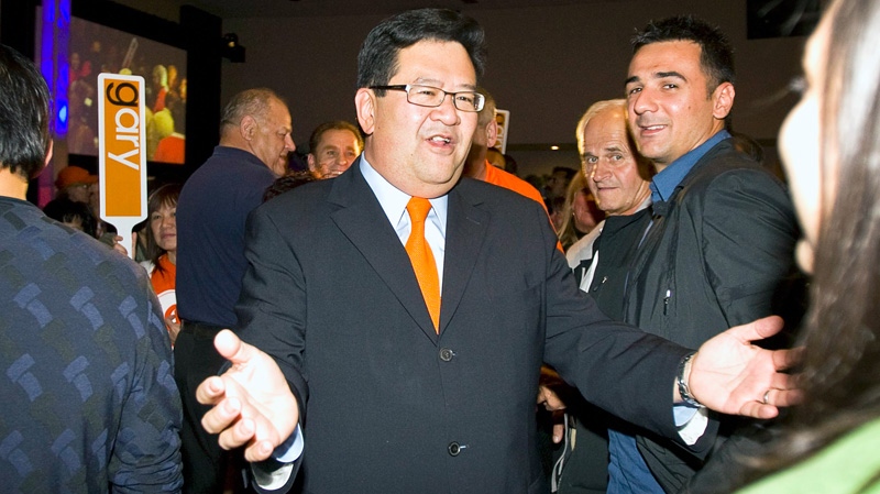 Alberta Progressive Conservative party leadership hopeful Gary Mar greets supporters gathered to watch voting results from the first ballot in the party's leadership race in Calgary, Alta., Saturday, Sept. 17, 2011. (Jeff McIntosh / THE CANADIAN PRESS)