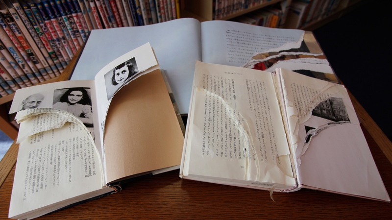 Ripped copies of Anne Frank's books in Tokyo