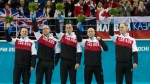 Canada skip Brad Jacobs (right),Ryan Fry, E.J.Harnden, Ryan Harnden and Caleb Flaxey stand on the podium after winning the gold medal in the Olympic curling final action at the Sochi Winter Olympics Friday Feb. 21, 2014 in Sochi, Russia. (Adrian Wyld / THE CANADIAN PRESS)