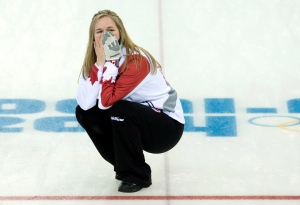 Canada skip Jennifer Jones reacts after winning the gold medal in the Olympic curling final at the Sochi Winter Olympics Thursday February 20, 2014 in Sochi, Russia. (Adrian Wyld / THE CANADIAN PRESS)