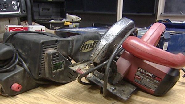 Power tools stolen in a series of break-ins are put on display by police in Woodstock, Ont. on Tuesday, Sept. 20, 2011.