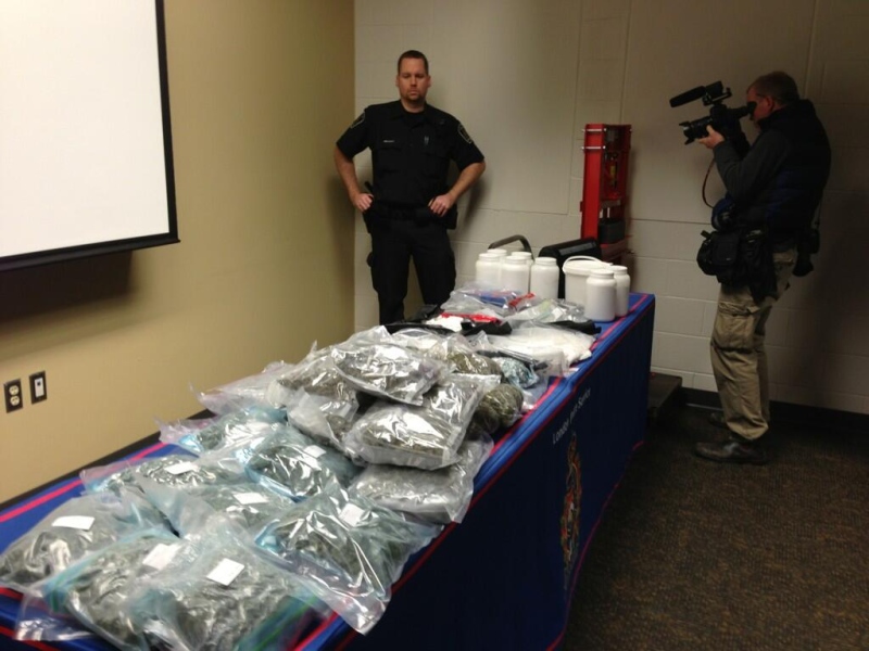 London police display drugs seized in a bust at a press conference on Monday, Feb. 24, 2014. (NIck Paparella / CTV London)