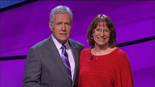 Myfanwy Davies appears with Jeopardy host Alex Trebek. The show was pre-taped in Nov., 2013