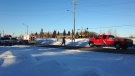 RCMP and emergency crews on the scene of a fatal collision in Leduc on Tuesday, February 25.