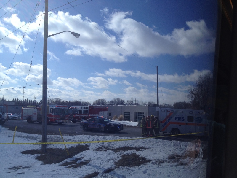 Emergency crews can be seen at the scene of an incident involving a VIA Rail train in Chatham on Feb. 26. (Passenger/ CTV Windsor)