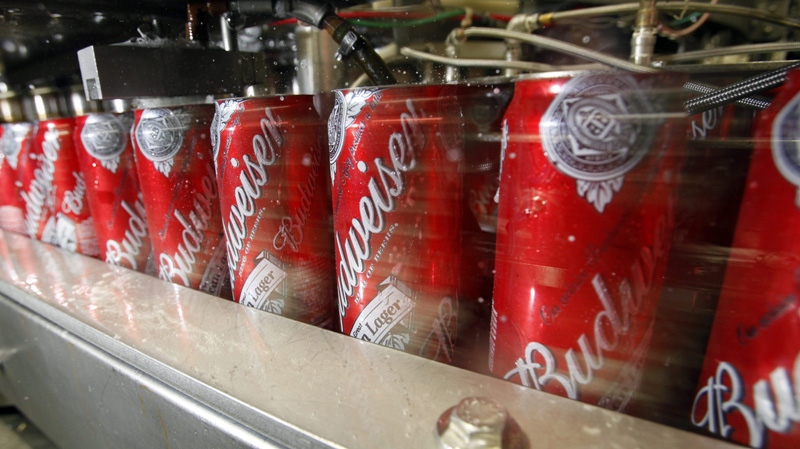 Budweiser cans run through a filling machine at the Anheuser-Busch brewery in the Van Nuys area of Los Angeles is seen Wednesday, March 2, 2011. (AP Photo/Reed Saxon)