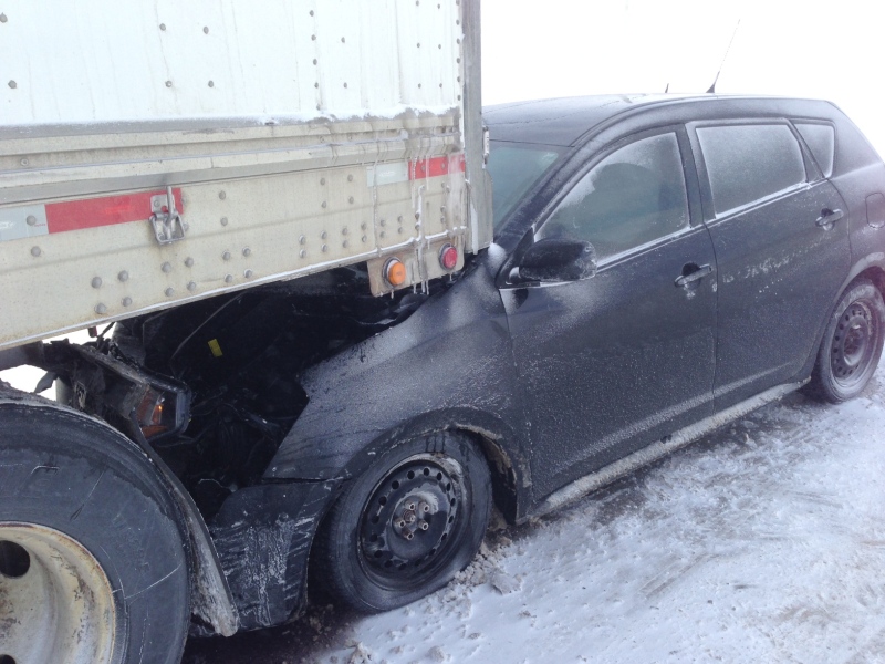A crash between two tractor trailers, a snow plow, and three vehicles on Hwy. 42 between Cash Town and Stayner  on Feb. 27, 2014. (Roger Klein / CTV Barrie)
