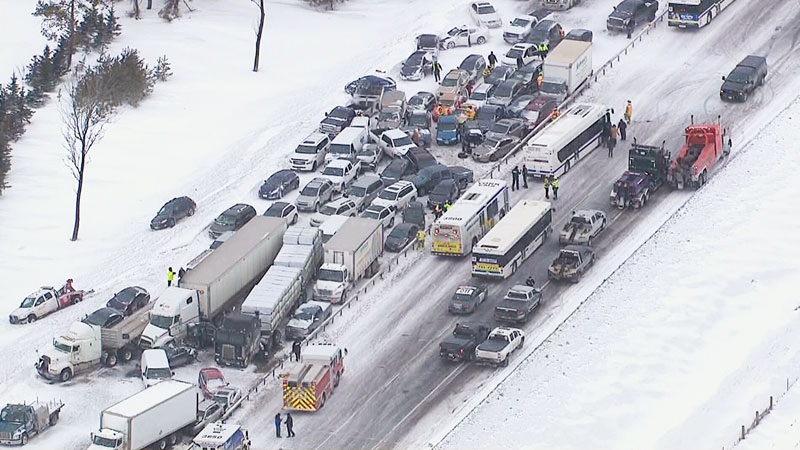 An aerial view of a major pileup on Highway 400 near Barrie can be seen in this photo taken from the CTV News chopper. 