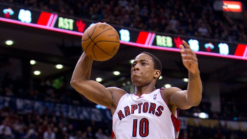 Toronto Raptors' DeMar DeRozan goes up for a dunk during first half NBA basketball action against the Miami Heat in Toronto Wednesday, April 13, 2011. (Darren Calabrese / THE CANADIAN PRESS)  
