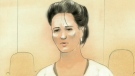 This court sketch shows Shania Twain testifying via a video link from a secret location on Thursday Sept. 29, 2011. 