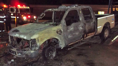 An RCMP truck is seen after a riot attack in La Loche on Friday in this photo provided by RCMP.