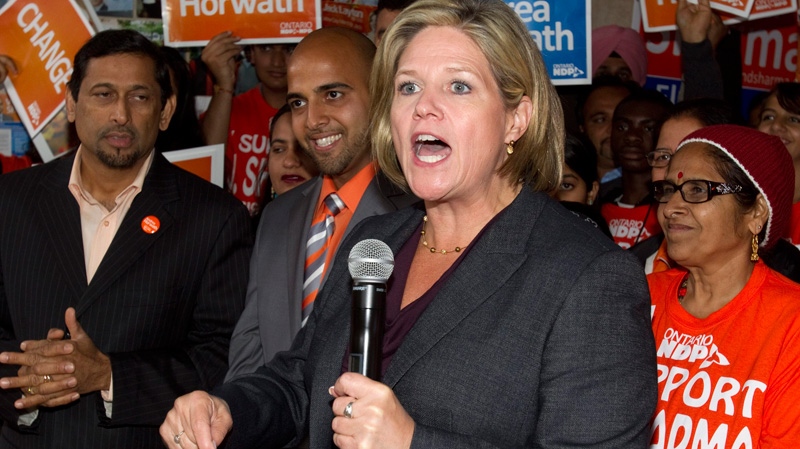 Ontario NDP Leader Andrea Horwath speaks to supporters at a campaign event in Toronto on Monday, Oct. 3, 2011. (Frank Gunn / THE CANADIAN PRESS)