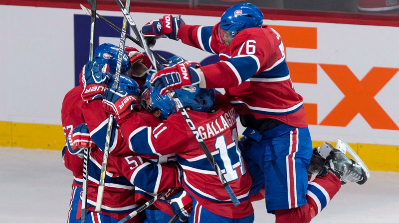 Montreal Canadiens' P.K. Subban leaps onto teammat