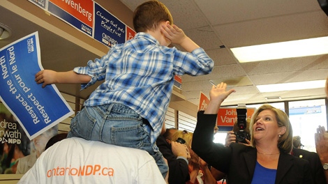 Ontario NDP Leader Andrea Horwath greets supporters at Sudbury NDP candidate Paul Loewenberg's campaign office in Sudbury on Tuesday Oct. 4, 2011. (Gino Donato / THE CANADIAN PRESS)
