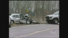 A woman has died after a two-vehicle collision on Longwoods Road near Bothwell, Ont. on Wednesday, March 19, 2014. (Admar Ferreira / CTV London)