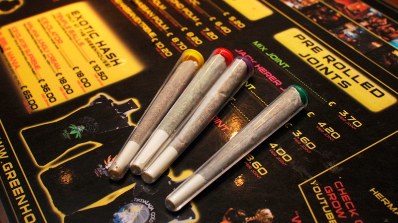 Pre-rolled joints are seen at The Green House coffee shop in Amsterdam, Netherlands, Saturday, June 15, 2008. (AP / Peter Dejong)