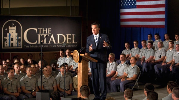 Republican presidential candidate and former Massachusetts Gov. Mitt Romney speaks to Citadel cadets and supporters during a campaign speech inside Mark Clark Hall on The Citadel campus in Charleston, S.C., Friday, Oct. 7, 2011. (AP / Mic Smith)