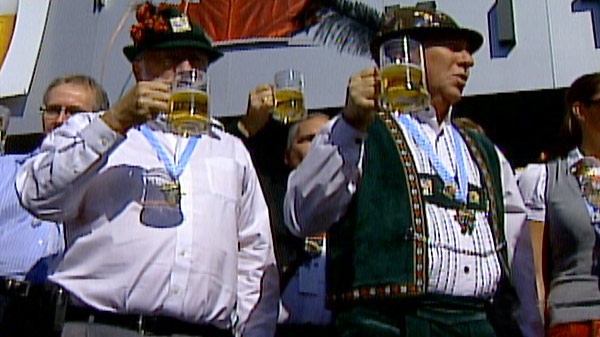 A toast is held following the tapping of the keg at the Oktoberfest opening ceremonies in Kitchener, Ont. on Friday, Oct. 7, 2011. 