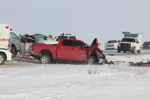 Emergency crews respond to a head-on collision on Highway 33 near Sedley on Monday afternoon.