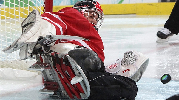 Canada's Paul Rosen makes a save against Japan during second period semi-final ice sledge hockey action at the 2010 Winter Paralympics in Vancouver, B.C., on Thursday March 18 2010. (THE CANADIAN PRESS/Darryl Dyck)