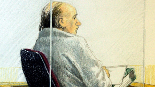 Artist's sketch shows accused serial killer Robert Pickton as he listens to closing arguments at B.C. Supreme Court in New Westminster, B.C. on November 19, 2007. (Jane Wolsak / THE CANADIAN PRESS)