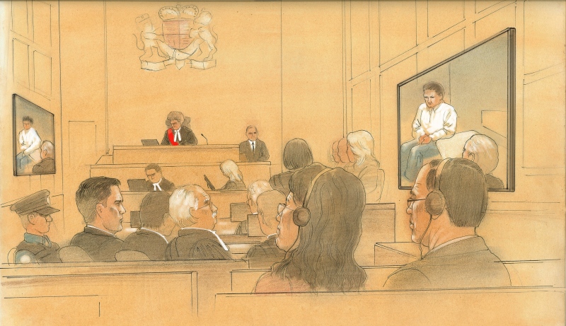 In this sketch, a courtroom hears the autopsy details of Brian Dickson's murder trial in Toronto on Wednesday, March 26, 2014. (John Mantha) 